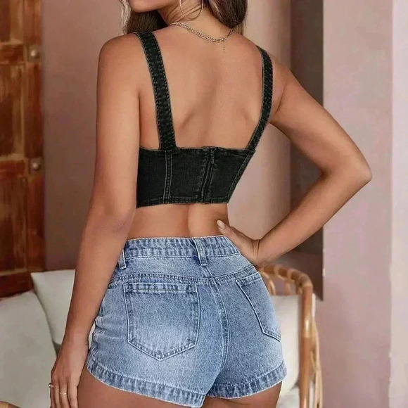 Black Casual Women's Top-Stitching Zip Back Denim Tank Top - Picture 3 of 5